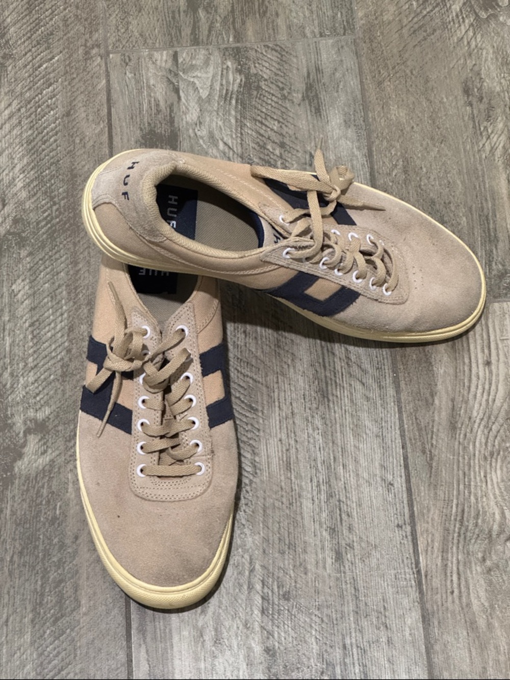 HUF Men’s Tan Suede Sneakers with Navy Stripes